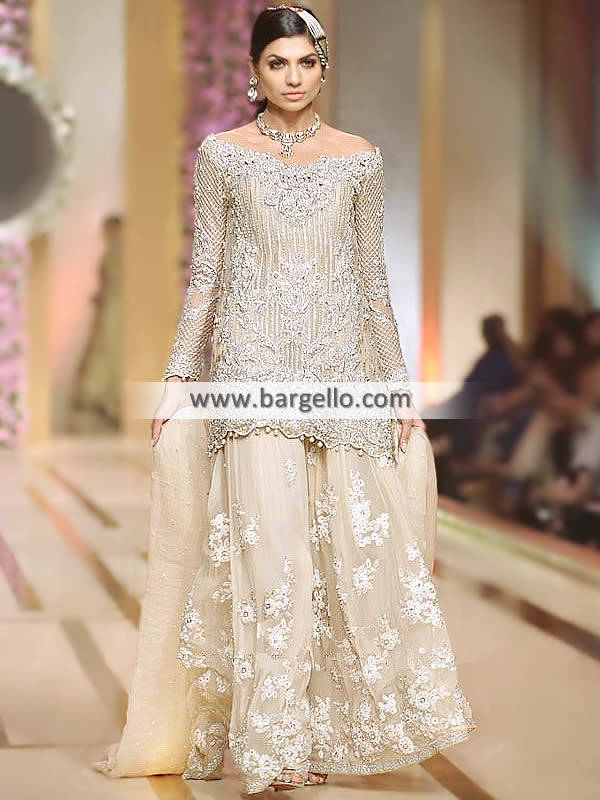 Blue Designer Pakistani Partywear and Wedding Peplum with Sharara and  Embroidery Bespoke -