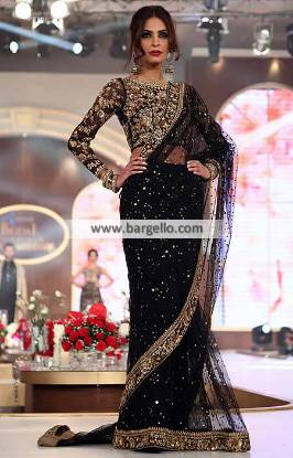 Pakistani Saree Designer Saree Black Embroidered Sarees in Chiffon