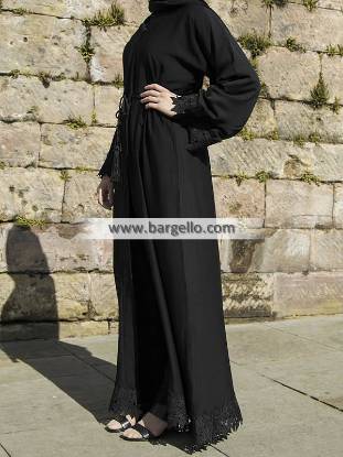 Black Lace Leaf Inner Belt Open Abaya Luasanne Switzerland Amazing Jilbab Outfits
