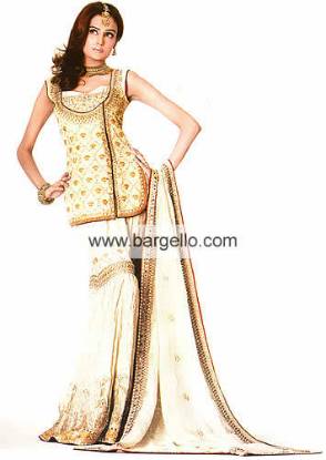 Cerisier Golden, Cheesy Cream Bridal Gharara and Veil Dress