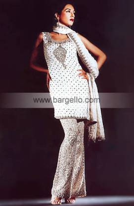 White Trouser Suit having Antique Silver Zardosi Embroidery Pakistani Designer Dress