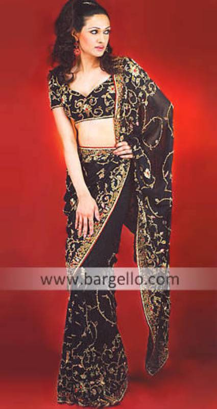 Black Azov Floral Embroidered Sari and Choli Blouse