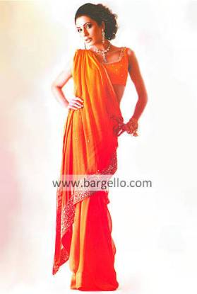 Orange Hand Embellished Sari and Blouse Crinkle Chiffon
