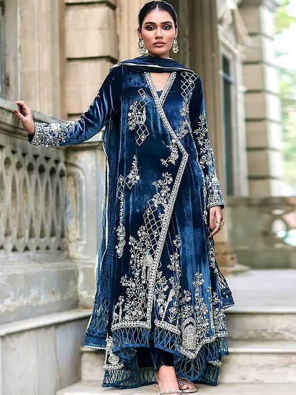 Prussian Blue Laurel Velvet Dress