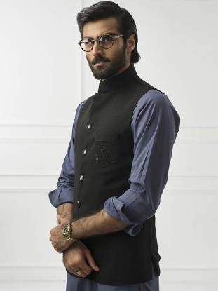 Cool Menswear Black Waistcoat Pakistani Waistcoats for Eid Designer