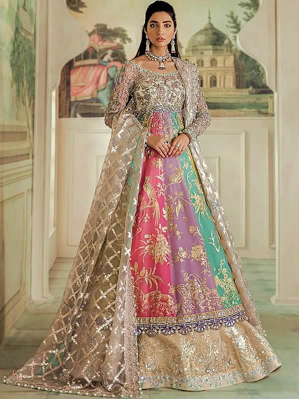 Buy Beige Organza/tulle Embroidered Beads Floral Vine Bridal Lehenga Set  For Women by Kaaisha by Shalini Online at Aza Fashions.