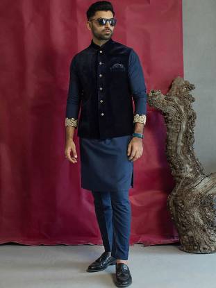 Navy Blue Velvet Waistcoat for Mens UK USA Canada Deepak Perwani Waistcoat for Mens