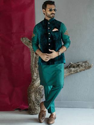 Teal Green Mens Waistcoat UK USA Canada Deepak Perwani Velvet Waistcoat Design