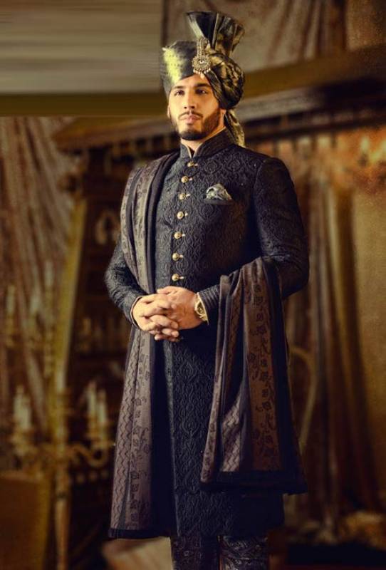 Fanciful Sherwani Los Angeles LA California USA Self Jamawar Sherwani Black Sherwani