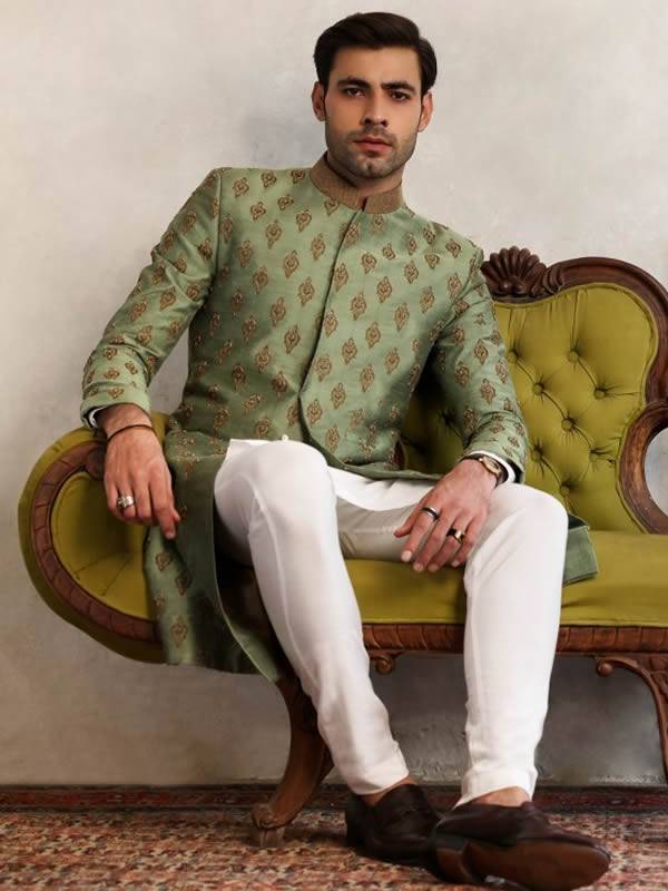 Embroidered Green Sherwani Bath England UK Ismail Farid Sherwani for Groom