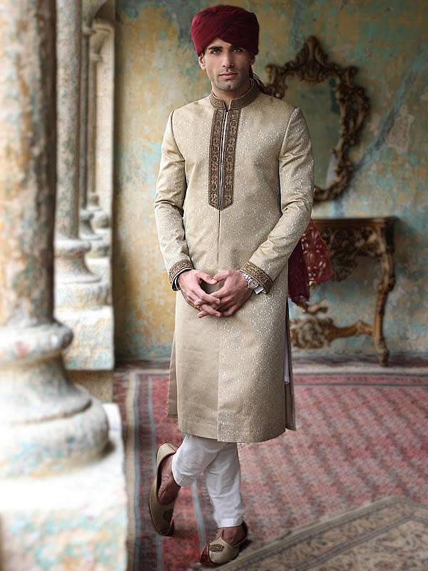 Beige Jamawar Sherwani Newcastle England Uk Ismail Farid Sherwani Suits 